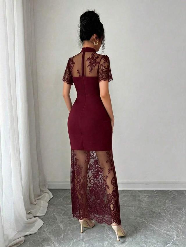 burgundy lace splice waist bodycon midi dress