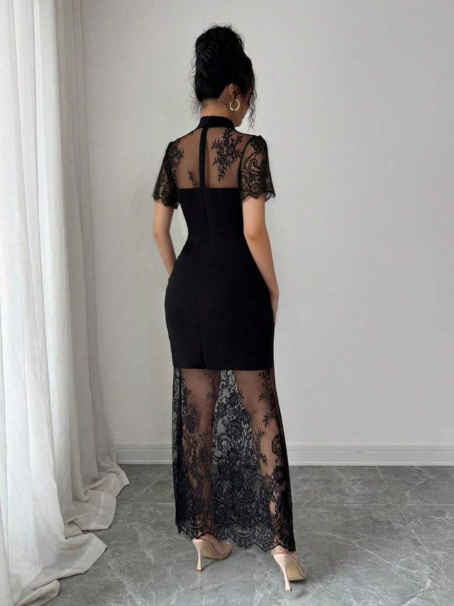 black floral lace cutout short-sleeved bodycon maxi dress