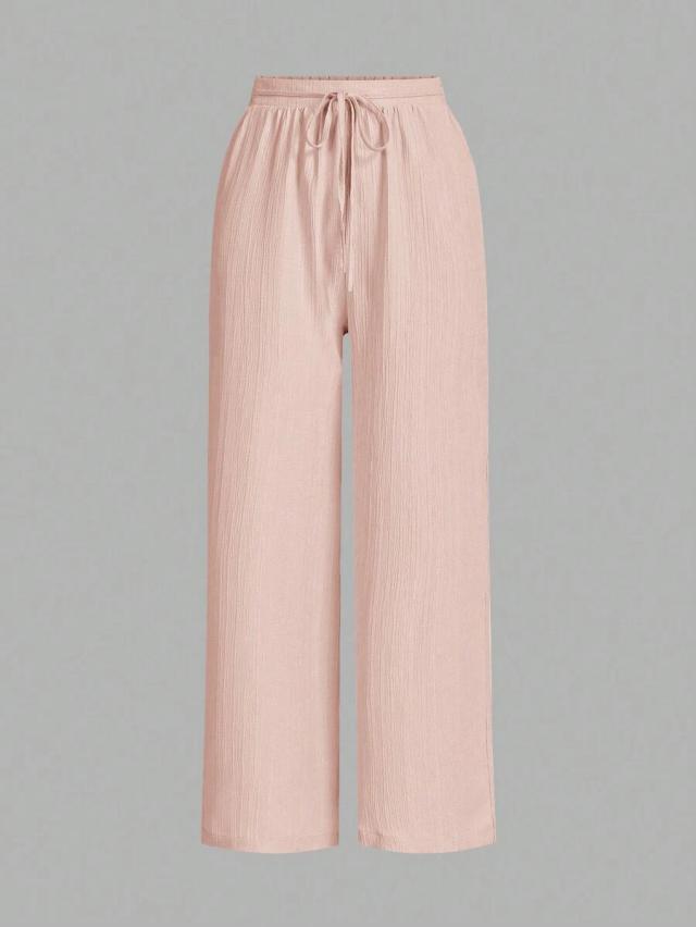 pink waist-tie wide leg loose casual pants