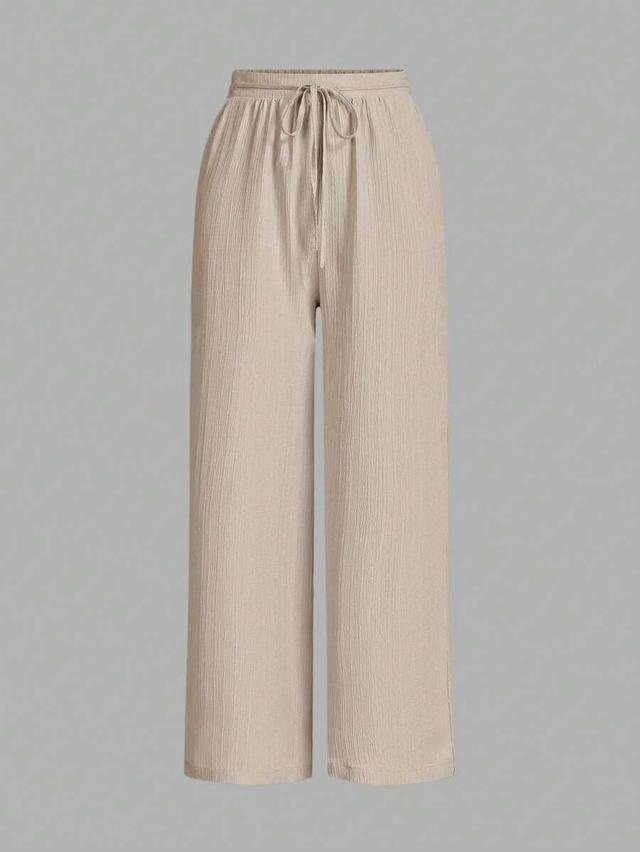 beige waist-tie wide leg loose casual pants