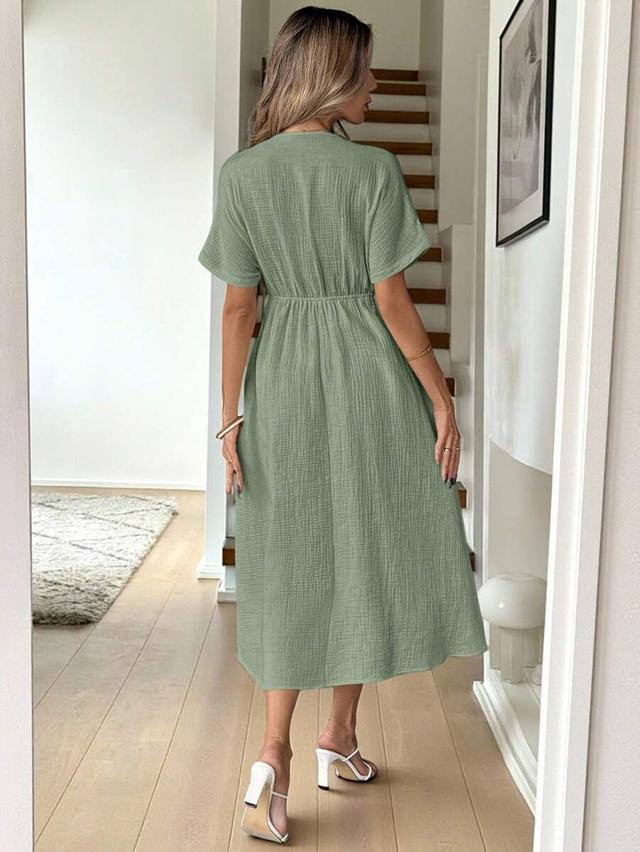 apricot casual bow mid-length short sleeve dress
