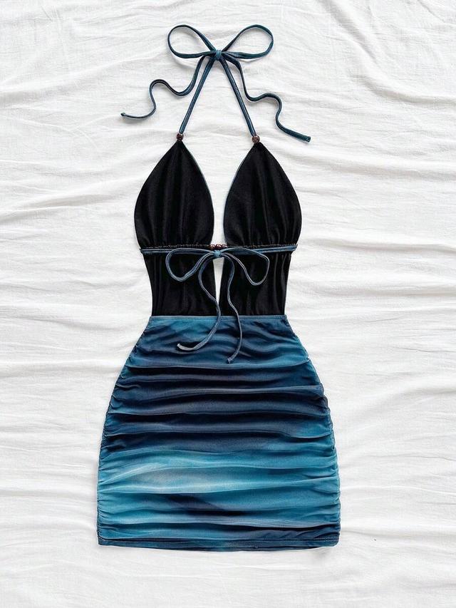 black teal ombre ruched halter mini dress