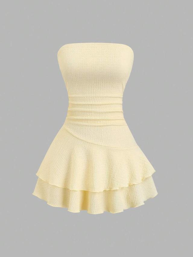 yellow strapless ruched waist flounce hem mini dress