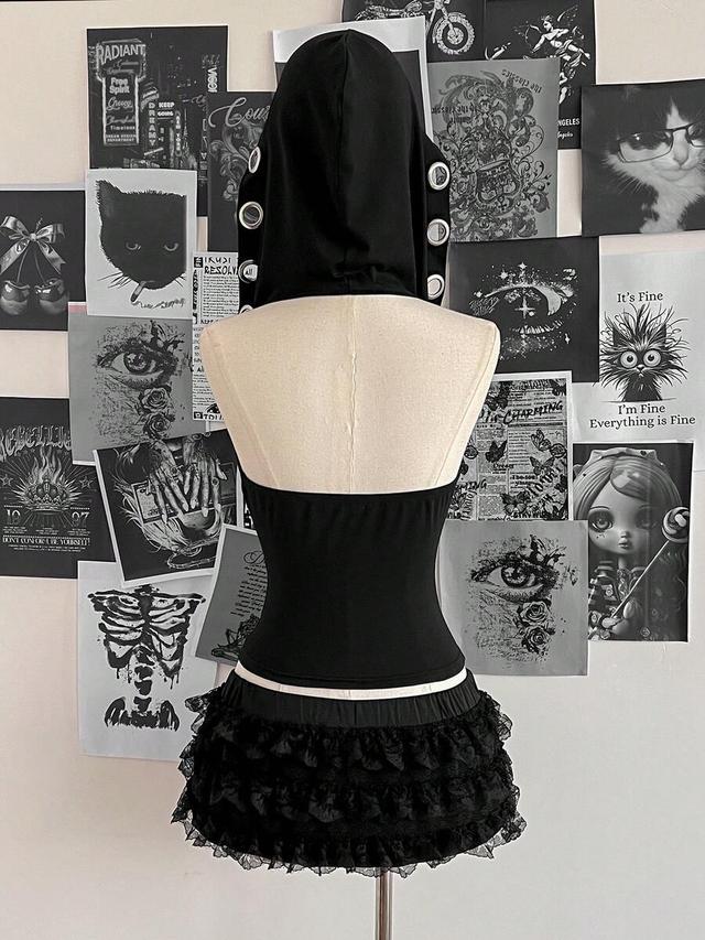 black backless hooded halter top with metal grommets