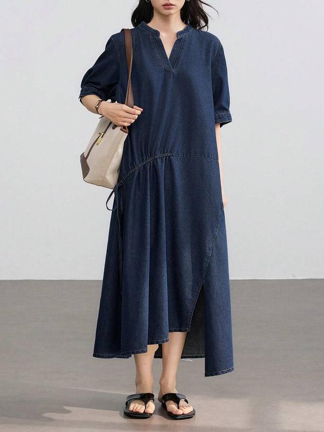 v-neck pleated casual denim midi dress