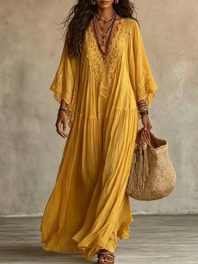 yellow bohemian lace trim maxi dress