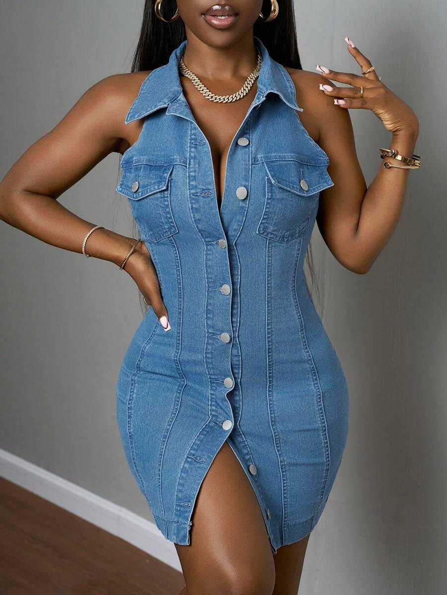 sleeveless washed blue denim mini dress with metal buttons