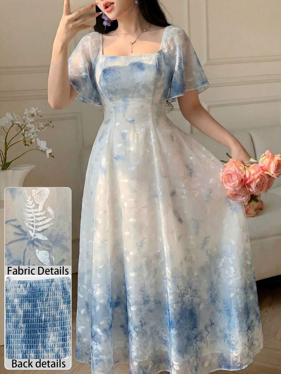 blue smocked elegant light blue and white organza printed flared dress