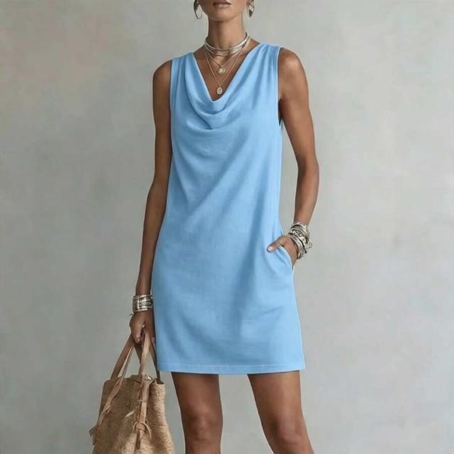 light blue cowl neck sleeveless shift dress