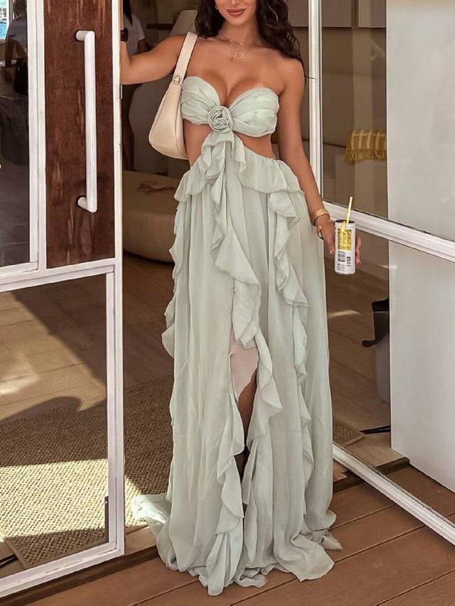 pale green chiffon cutout maxi dress with ruffles