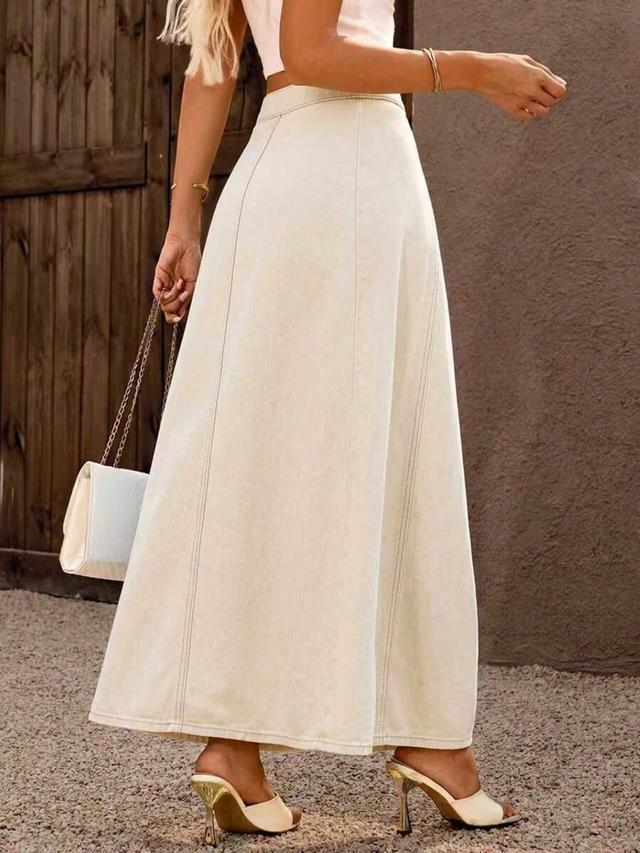 casual a-line flare long denim skirt