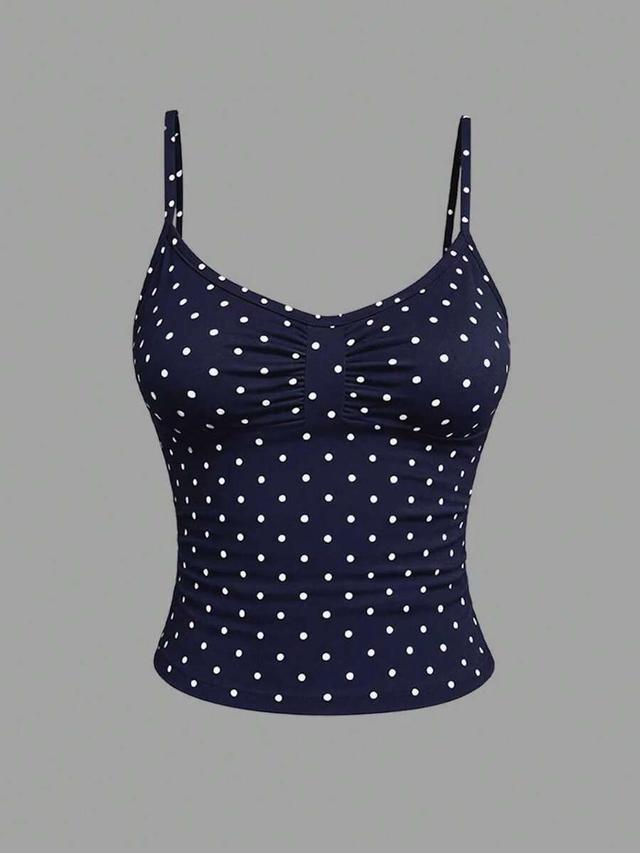 navy blue polka dot pleated casual camisole