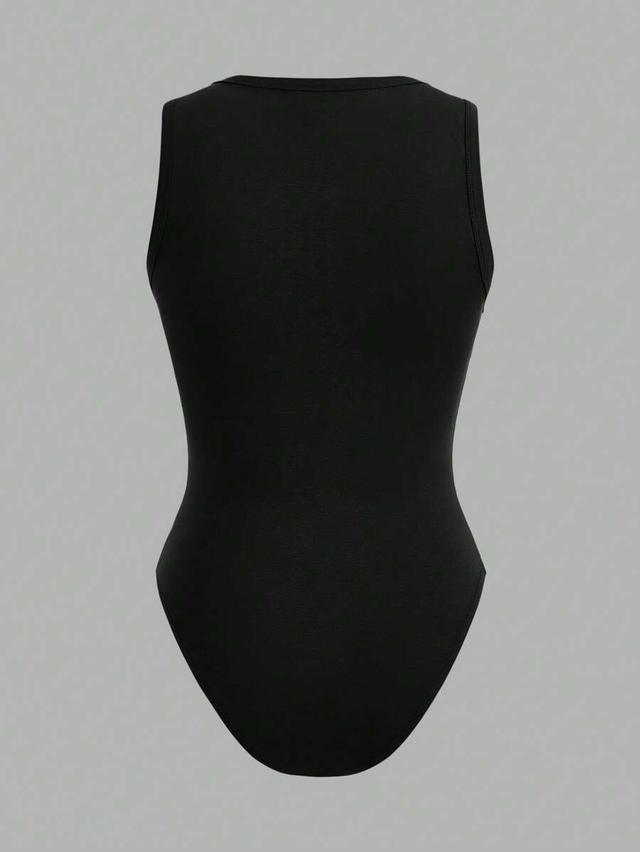 black casual round neck sleeveless slim fit bodysuit