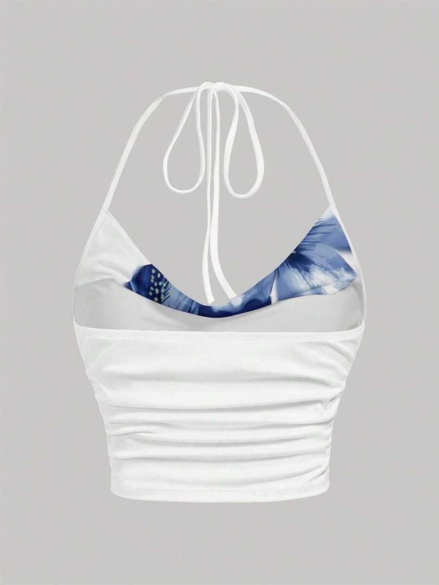 blue floral print tie neck halter fitted top