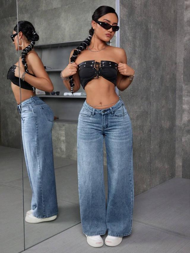 gradient blue high-waisted wide-leg medium wash denim jeans