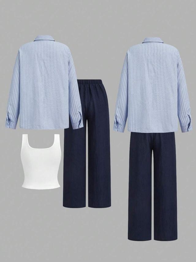 light blue women's casual striped button-up shirt