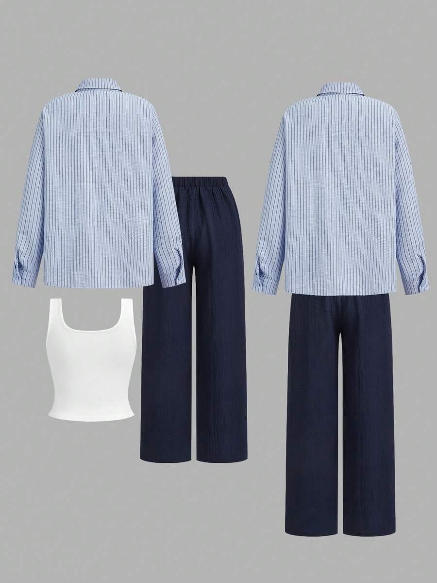 light blue women's casual striped button-up shirt