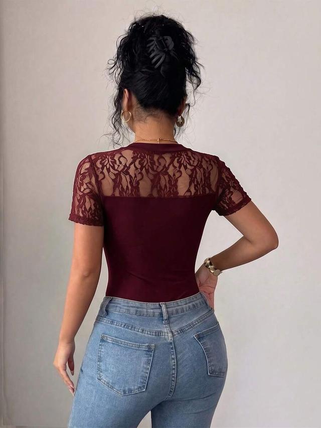 burgundy lace patchwork short sleeve fitted bodysuit