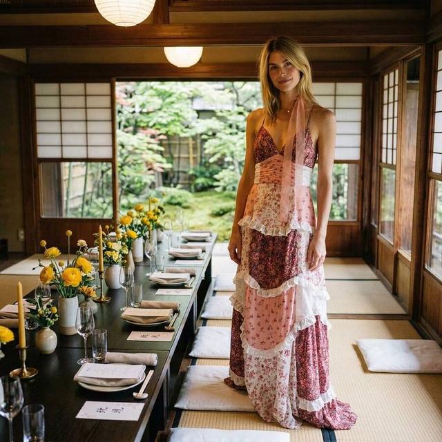 rose floral floral patchwork tiered maxi dress