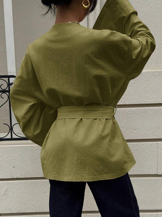 olive green cotton cinched waist bell sleeve blouse