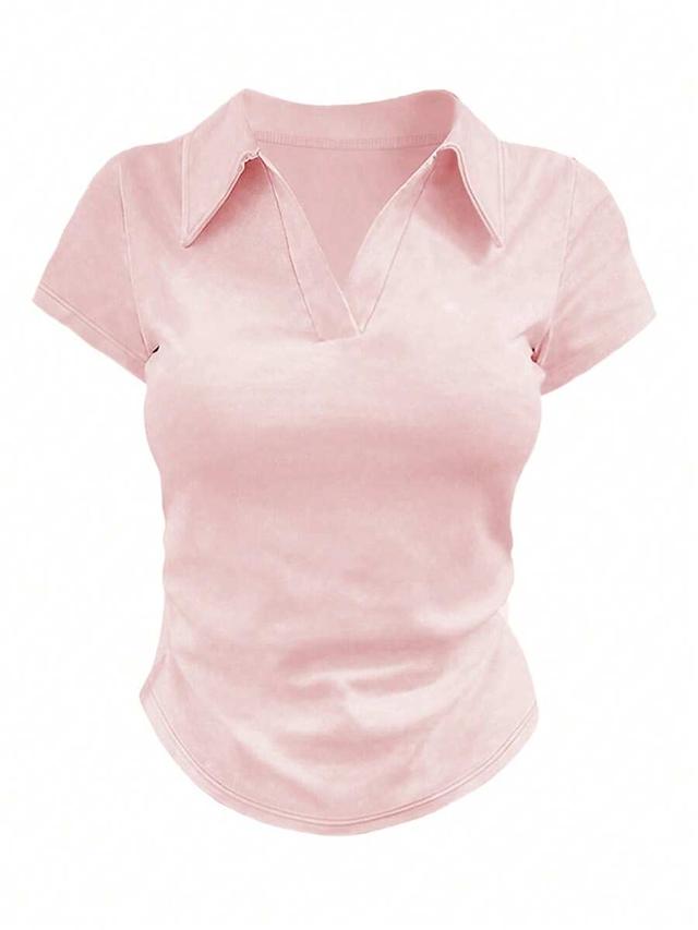 pink three short sleeve v-neck polo top in white pink and yellow