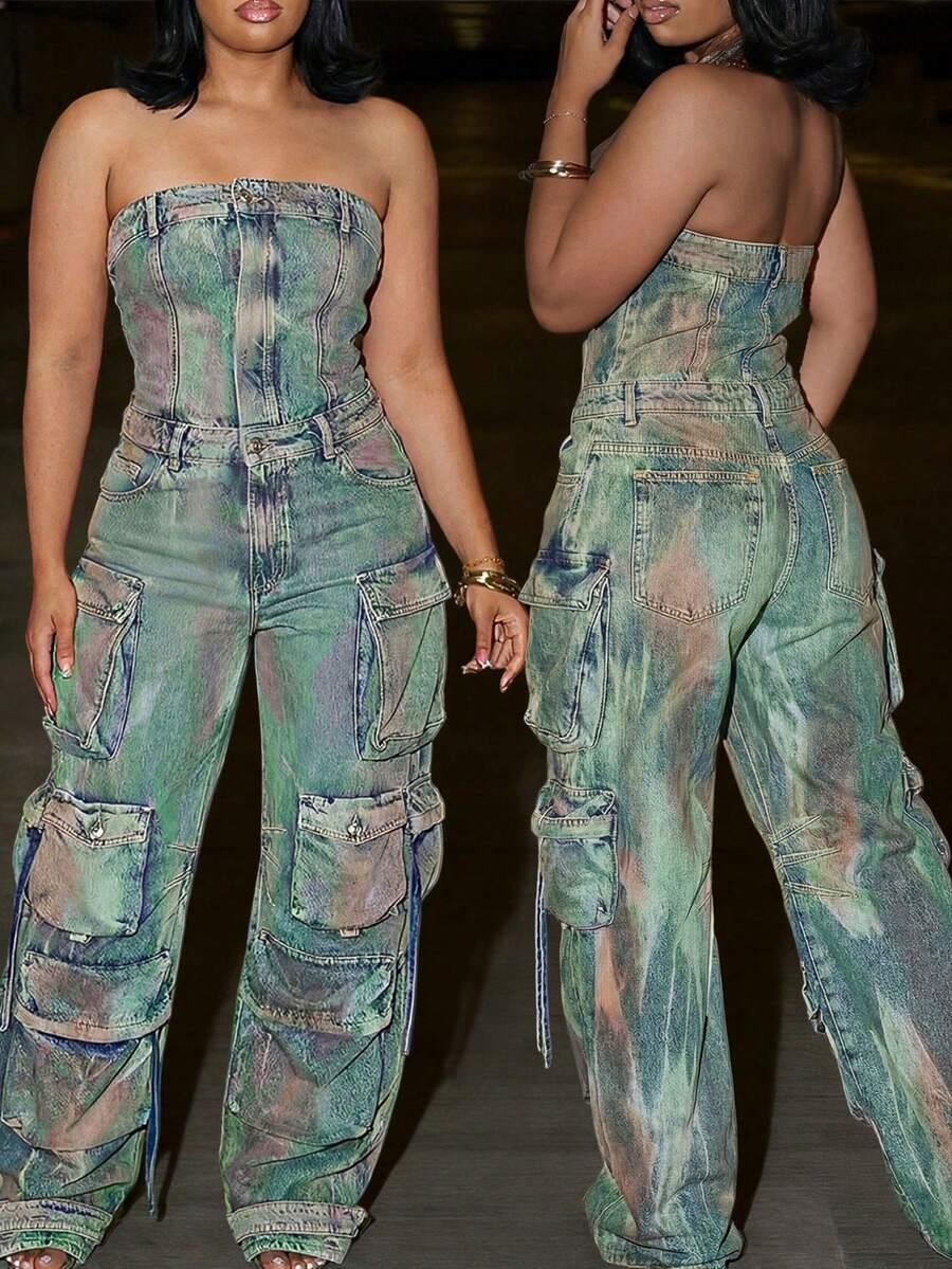 green pink iridescent acid wash denim strapless cargo jumpsuit