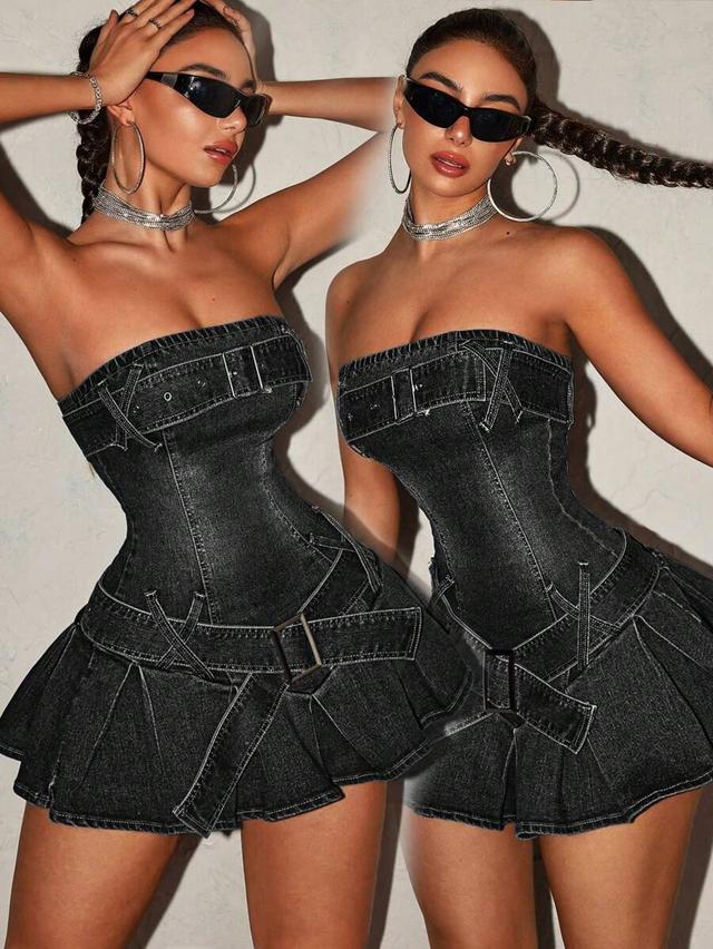 black denim strapless corset dress with belted waist