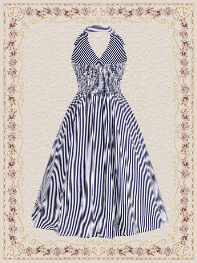 vintage striped halter neck navy blue and white dress