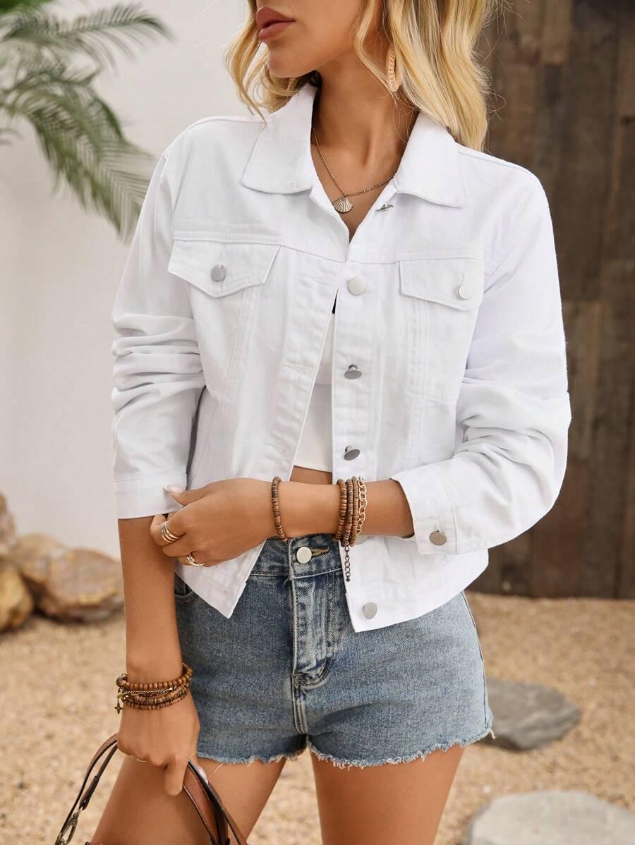white women's light wash denim button front casual jacket
