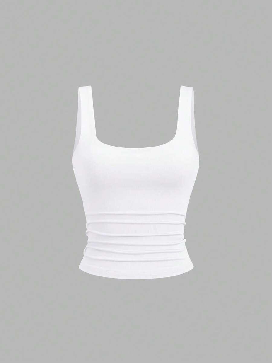 white casual pleated square neck camisole