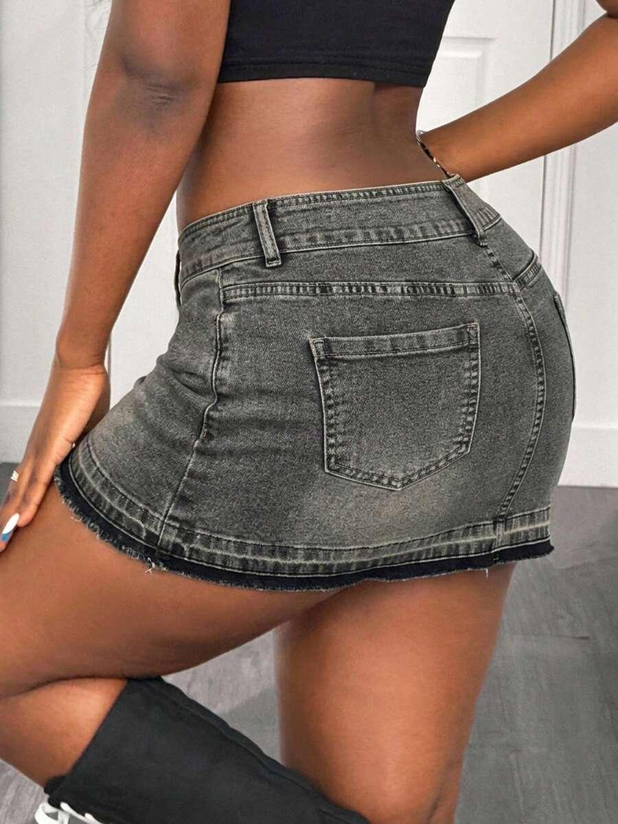 grey women's aqua blue distressed denim mini skirt