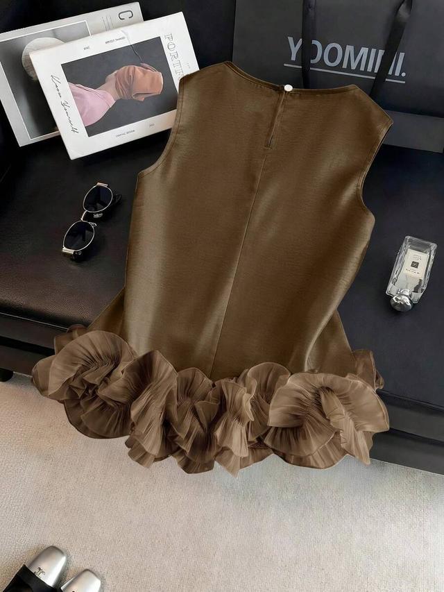 brown satin sleeveless tank with double-layer frill trim