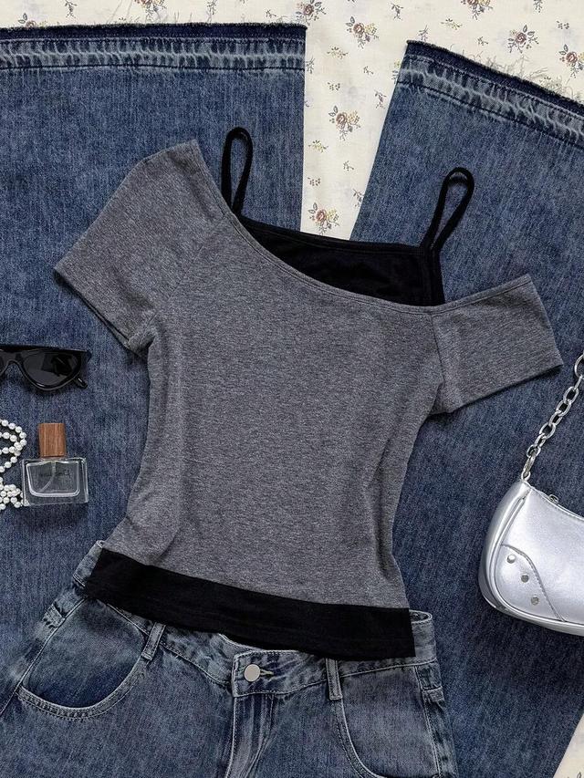 grey punk rock guitar print short sleeve top