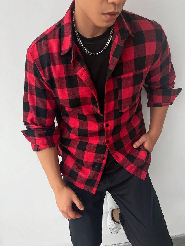 red and black plaid long sleeve casual shirt