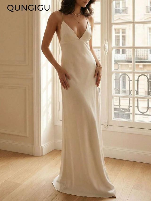 ivory satin spaghetti strap backless evening gown