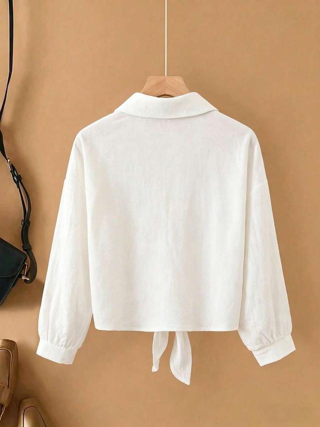 white woven turndown collar long sleeve tie-front blouse
