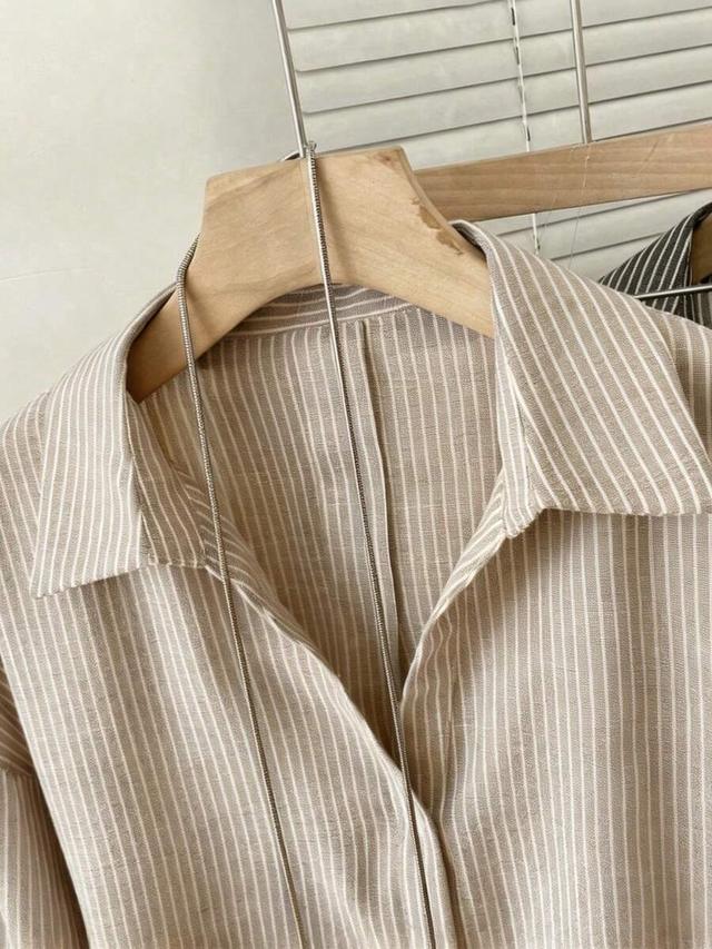 dark grey women's striped drop shoulder long sleeve collared shirt