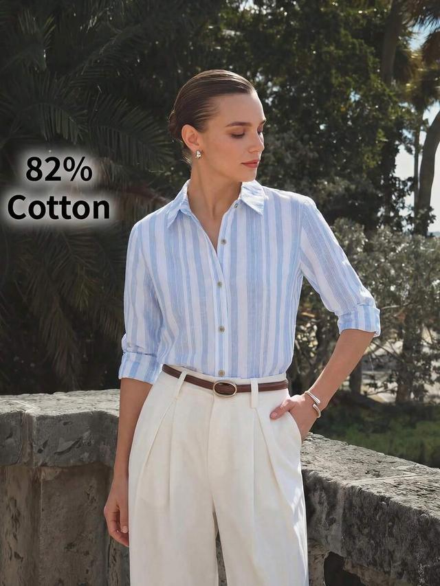 blue and white striped linen long sleeve shirt