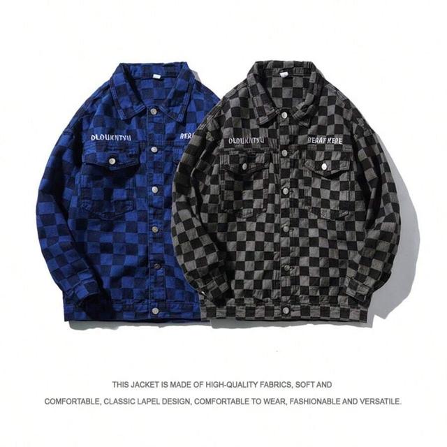 grey checkerboard denim jacket with embroidered detail