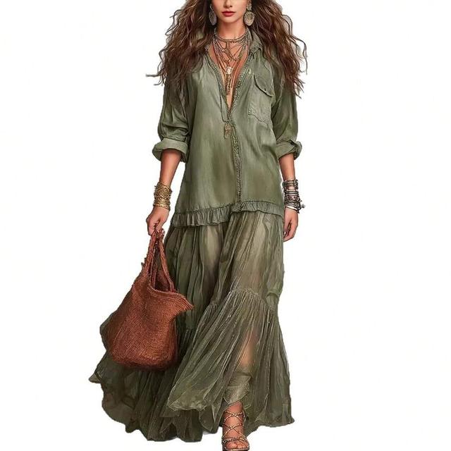 olive green shirt and tiered sheer maxi dress