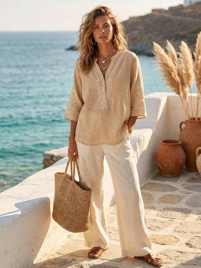 women's elegant vintage casual literary embroidered linen blouse