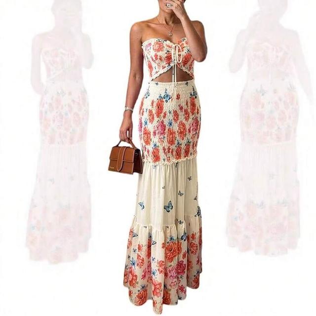 floral butterfly tropical leaf print smocked cutout strapless maxi dress
