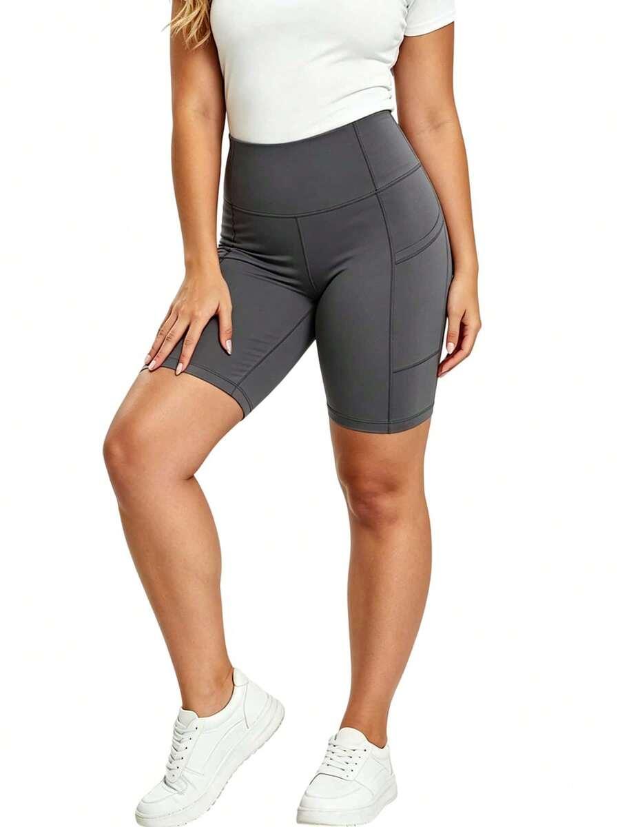 grey high waist athletic shorts with side pockets