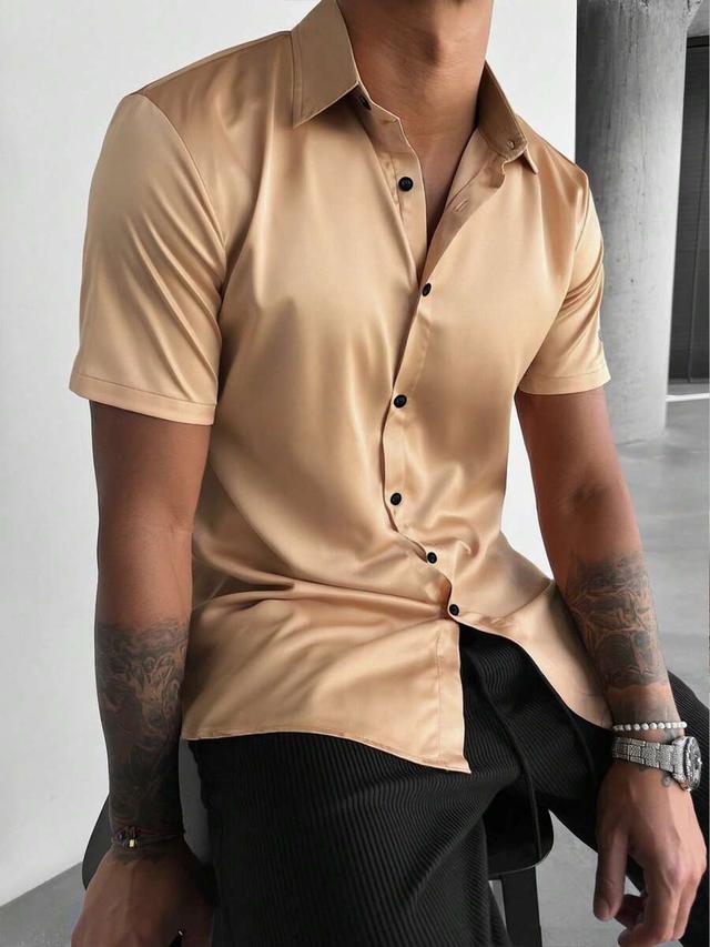 golden beige single-breasted satin short sleeve shirt