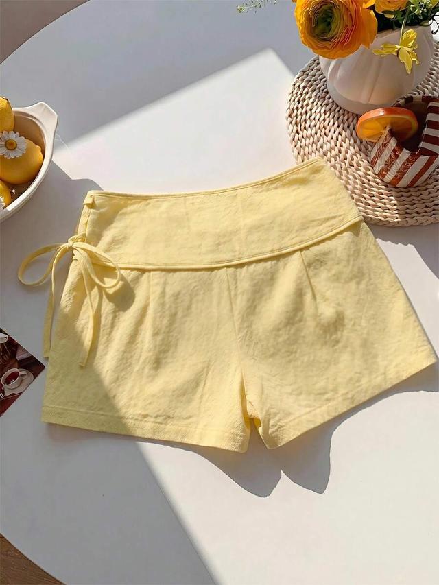 cream yellow knotted casual cotton shorts