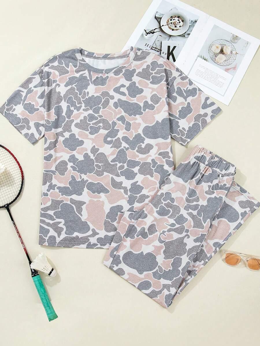 pink camo women's casual camouflage print short sleeve coord set