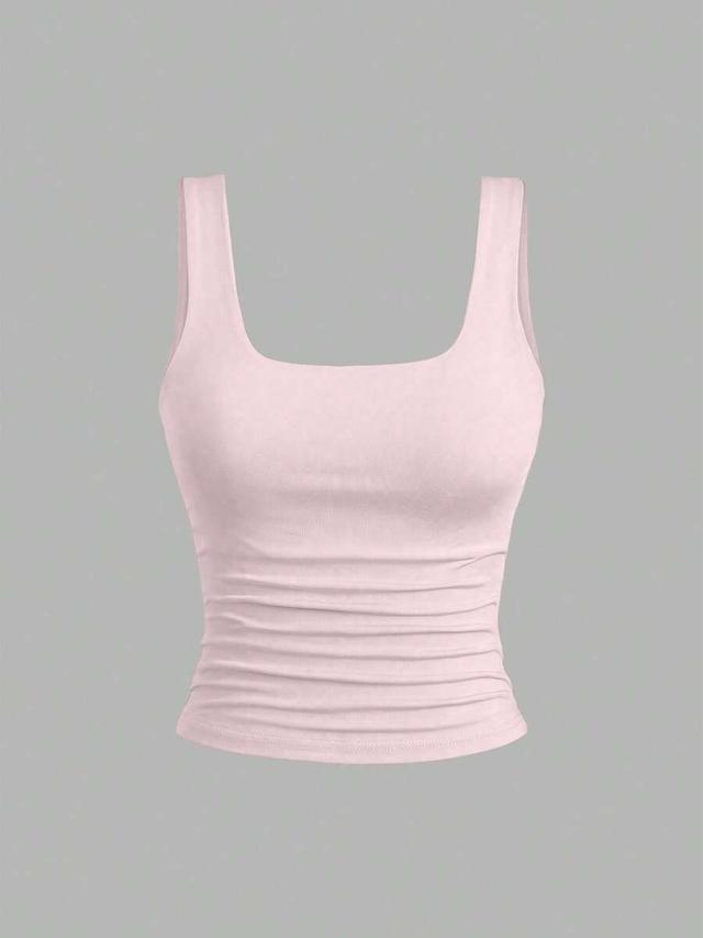 pink sweetra women's solid color square neck pleated tank top