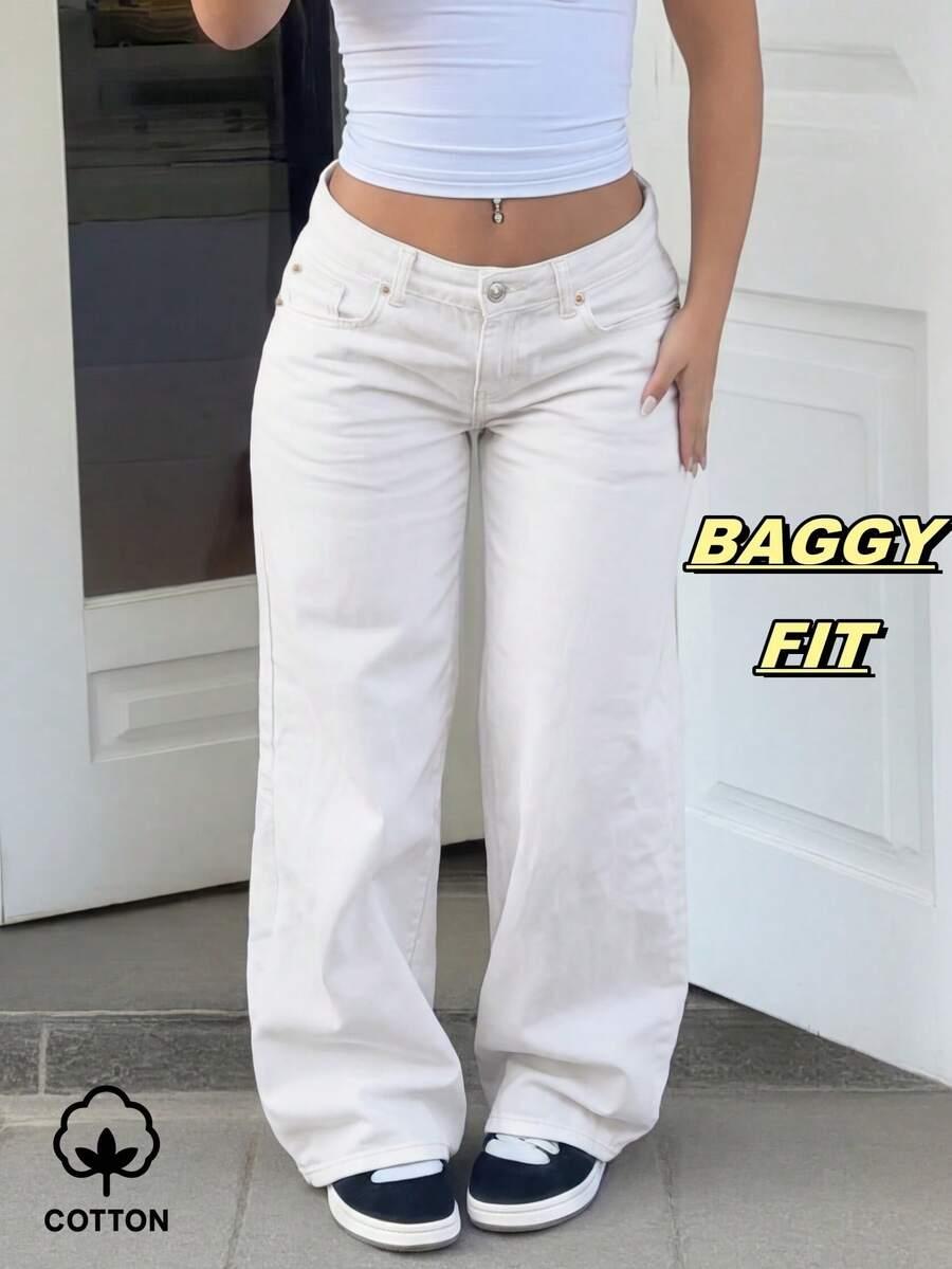 cream low rise wide leg denim jeans