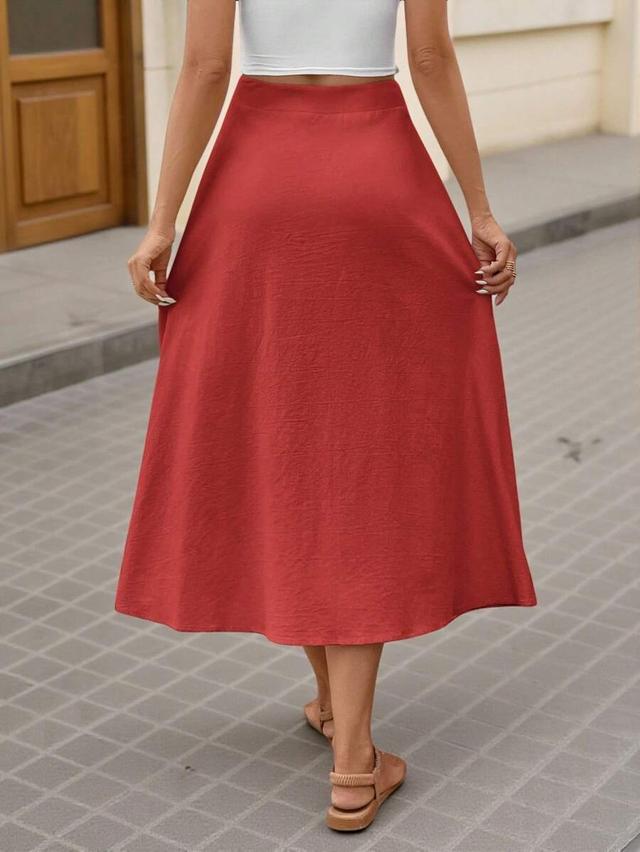solid red front button midi skirt