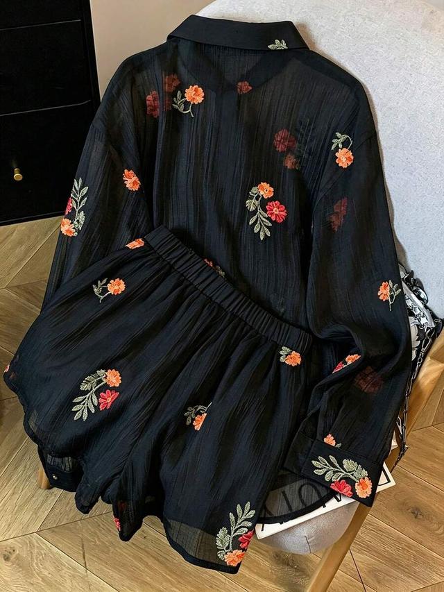 black floral embroidered long sleeve shirt and shorts set